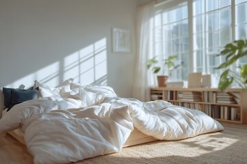 Fototapeta premium Cozy bedroom with sunlight streaming through windows, highlighting a unmade bed.