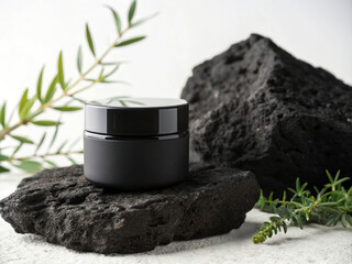 Minimalist Black Cosmetic Jar with Green Plant on Volcanic Rock