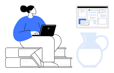 Naklejka premium Individual seated on stacked books working on a laptop, screen showing digital interface, minimalistic pitcher. Ideal for education, technology, productivity, online work, design, minimalism