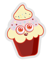 Cute cartoon cupcake with a happy face. Whimsical dessert illustration for party designs and bakery branding.