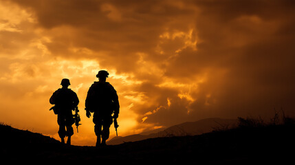 Military soldiers silhouette walking sunset armed forces army troops