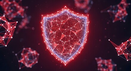 Cybersecurity shield and red digital network. Futuristic polygonal shield symbol with glowing connections. Data protection and online defense system.