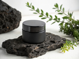 Minimalist Black Cosmetic Jar with Green Plant on Volcanic Rock