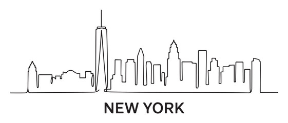 Obraz premium One single line drawing New York city skyline United States. Historical town landscape in world. Best holiday destination poster. Vector black silhouette. with white background