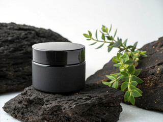 Minimalist Black Cosmetic Jar with Green Plant on Volcanic Rock