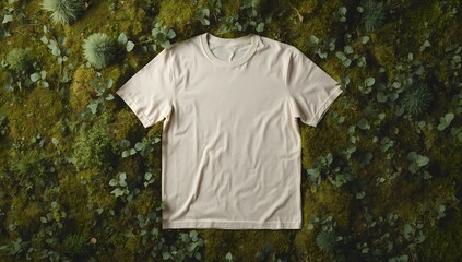 White t-shirt mockup from above on natural moss background. Eco-style.