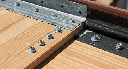 Close-up shot of metal brackets fastened with nuts and bolts onto wooden planks, highlighting construction and carpentry details