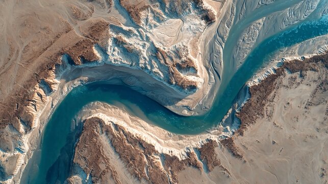 Aerial image of muddy river delta with twisting streams and sediment layers forming complex organic design ideal for nature texture references or environmental background use