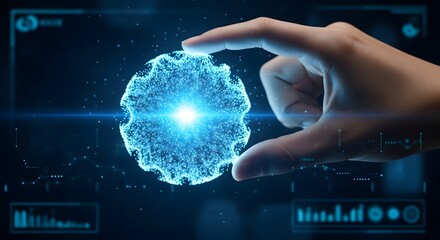 Artificial intelligence and digital data. Futuristic hand holding holographic glowing sphere. AI innovation and big data analysis technology.