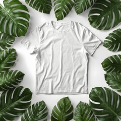 Minimalist cotton t-shirt on a white background with tropical plant leaves.