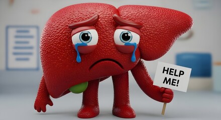 3D Illustration of a Sad Liver Character Holding a Help Sign &mdash; Conceptual Medical Awareness Design