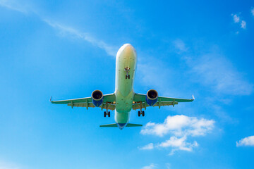 Passenger airplane flying in the sky. Travel background with airplane flying in the blue sky. View directly in front. Passenger plane landing.