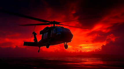 Helicopter flying silhouette against red sunset sky over the ocean