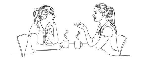 Single continuous line drawing of two young female worker have a casual chat over drink coffee during office break. Vector black silhouette. with white background