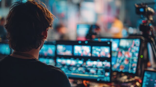 Medium shot of a content creator livestreaming a virtual event focused on camera setup and notes blurred background reveals multiple video feeds and chat scrolling.