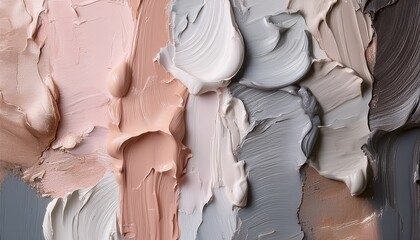 smears of blush grey beige rose and silver paint arranged vertically on a textured surface brushstrokes blend color gradients with rough artistic strokes