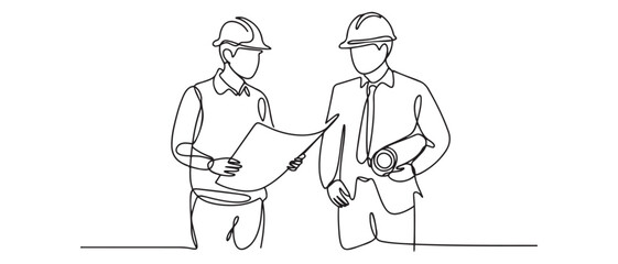 Single continuous line drawing of young architect discussing construction design with foreman manager. Building architecture business concept. Vector black silhouette. with white background