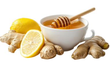 Cup of ginger honey with lemon on transparent background, png