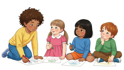 Four Children Drawing Together on the Floor Cartoon Style.