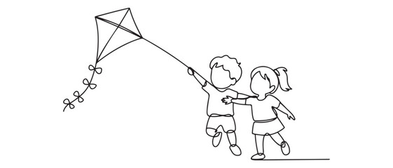 Single continuous line drawing little boy and girl flying kite. Siblings playing together. Kids playing kite in playground. Vector black silhouette. with white background