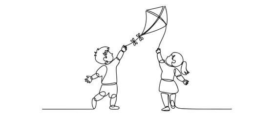Single continuous line drawing little boy and girl flying kite. Siblings playing together. Kids playing kite in playground. Vector black silhouette. with white background