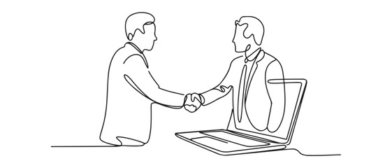 Continuous line drawing of business men shaking hand to deal a project. Hand come out from laptop screen. Vector black silhouette. with white background