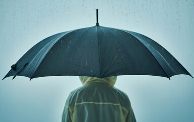 A person wearing a raincoat stands under a large dark umbrella against a muted blue sky on a rainy day