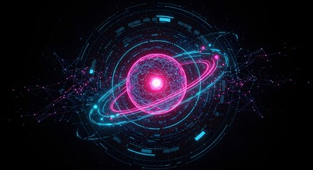 Obraz premium An abstract atom-like sphere with orbiting rings and a plexus network. Big data and futuristic technology concept. A visual representation of a complex information system or AI core.
