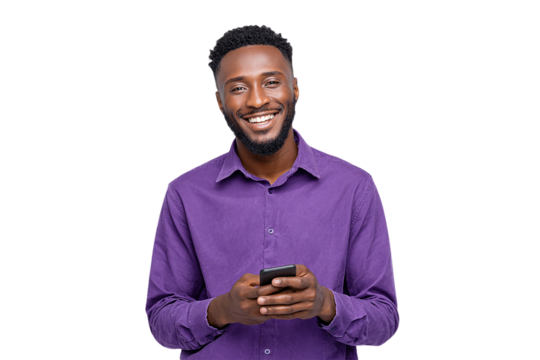 Smiling man in purple shirt uses phone against purple lined backdrop. Great for social media, ads, and posters.