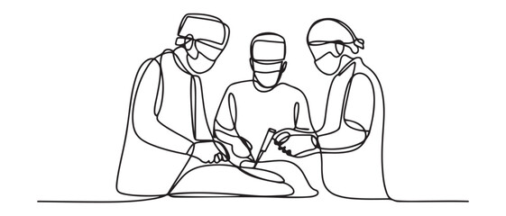Single continuous single line drawing group of team surgeon doctor doing surgery operation to the patient with critical condition. Vector black silhouette. with white background