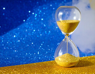 Golden hourglass on glitter background