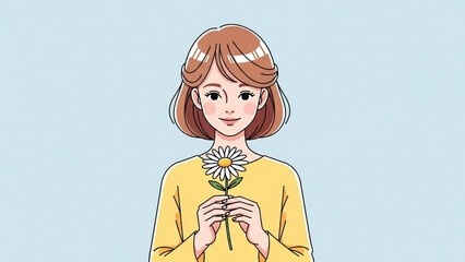 Woman Holding Daisy Cartoon Style Short Brown Hair Yellow Shirt.