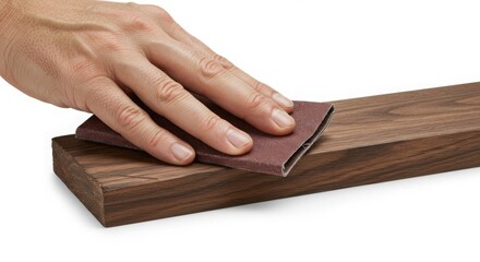 Sanding wooden plank with sandpaper