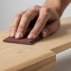 Hand sanding wooden surface with sandpaper