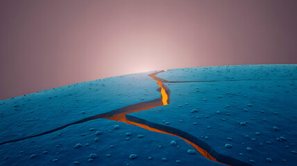 Vibrant glowing fissure cutting across a textured blue surface under a soft pink sky.