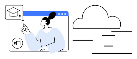 Woman interacting with online education platform, virtual classroom elements, and cloud storage. Ideal for e-learning, remote work, online collaboration, cloud computing, digital tools, technology