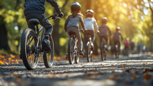 A group of young cyclists wearing helmets rides bikes on a scenic autumn trail bathed in warm sunlight.