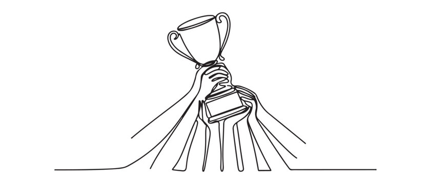Continuous one line drawing golden trophy held by many hands. Symbol of winning championships, matches and sports competitions. Vector black silhouette. with white background