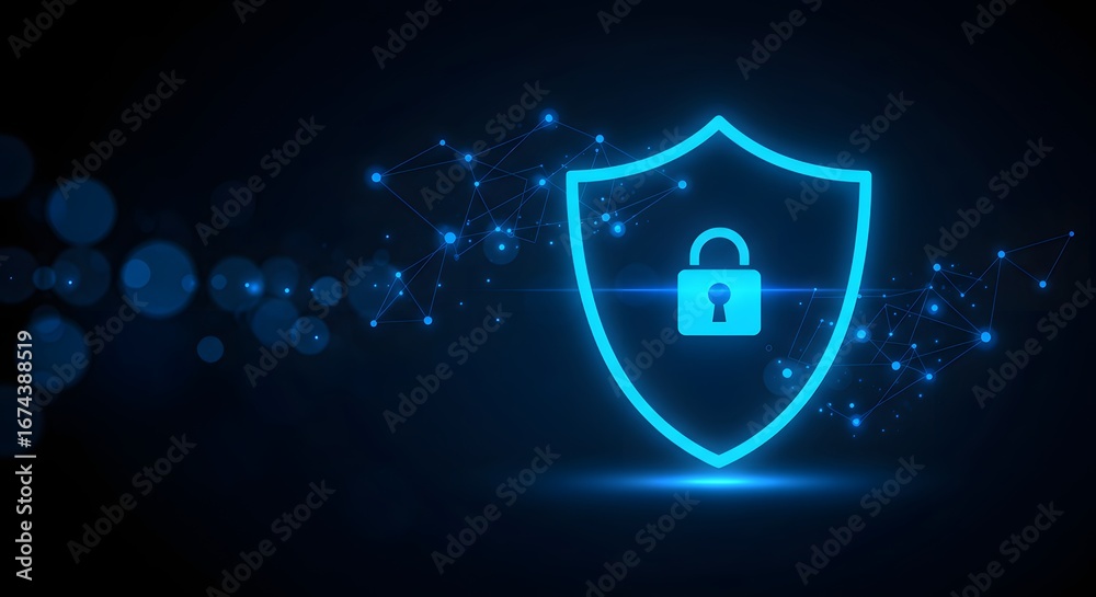 Wall mural a glowing blue security shield with a padlock on a plexus network background. cybersecurity and data