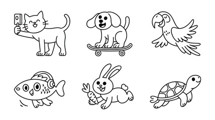 Obraz premium Vector art of collection of cute cartoon animals including a cat taking a selfie, a dog on a skateboard, a parrot, a fish with headphones, a rabbit with a carrot, and a turtle