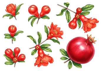 Beautiful illustrations of pomegranate fruit blossoms and ripened pomegranates Isolated on transparent background

