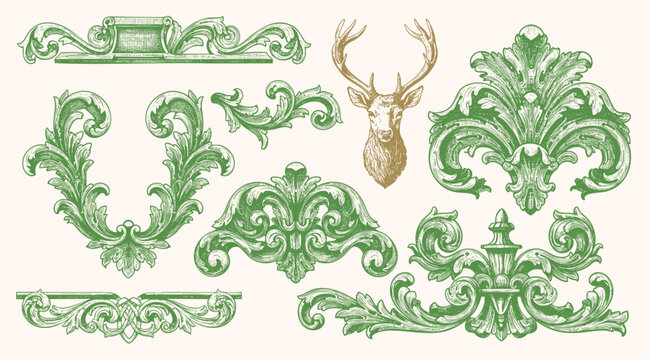 Vintage ornamental illustration featuring decorative baroque elements, floral flourishes, ornate frames, and a majestic stag head.