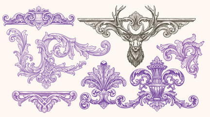 Vintage ornamental illustration featuring decorative baroque elements, floral flourishes, ornate frames, and a majestic stag head.