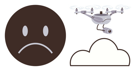 Brown sad face with a drone flying near an outlined cloud. Ideal for technology ethics, privacy, surveillance, emotions, discomfort, cloud use, future tech. Simple flat metaphor