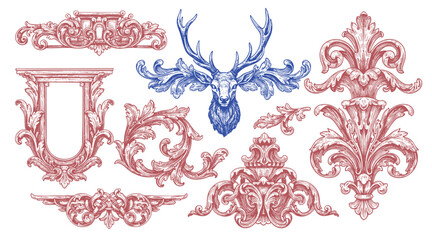 Vintage ornamental illustration featuring decorative baroque elements, floral flourishes, ornate frames, and a majestic stag head. © bow