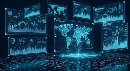 Digital screens displaying global data, charts, and financial graphs in a futuristic dark environment