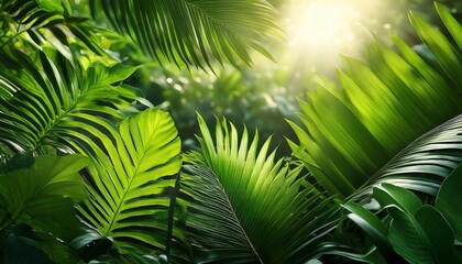 verdant foliage backdrop with lush tropical plant life in sunlit forest vibrant green leaves fronds and vegetation creating a natural organic