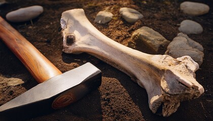 a bone of a large animal from the pleistocene lies on the ground next to a geological hammer
