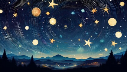 starry night deep dark sky with drops of stars drawn by hand