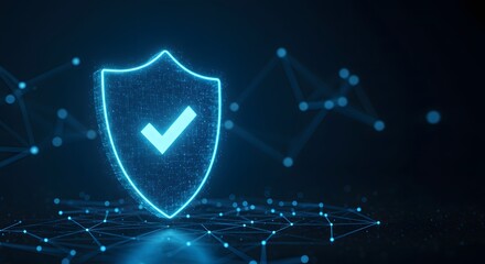 A 3D digital shield with a checkmark symbol floating over a network. Confirmed security and data safety. A futuristic icon representing a verified and protected computer system.